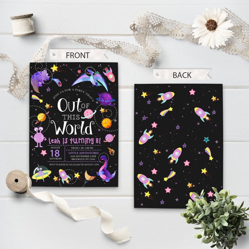 May include: An invitation to an 8th birthday party with an outer space theme. The invitation is black with colorful stars, planets, rockets, and aliens. The text on the invitation reads "Join us for a party that's Out of This World! Leah is turning 8!" with details about the party date, time, and location.