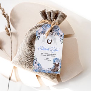 BEWERKBARE Favor Tag, Blue Western Quinceanera Favor Tag, Label, Dank u, Mis Quince, Charra, Paarden, Afdrukbaar, Sjabloon, Corjl