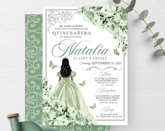 May include: Green and white quinceañera invitation with a floral design. The invitation features a silhouette of a young woman in a green dress and a crown. The text reads "MR. & MRS. RAMIREZ INVITE YOU TO CELEBRATE THE QUINCEAÑERA OF THEIR DAUGHTER Natalia CLAIRE RAMIREZ Saturday, SEPTEMBER 16, 2021 Mass ST. PETER CATHEDRAL 6400 ANYWHERE ROAD CHICAGO, IL 12345 AT 2:00 PM Reception LITTLE BISTRO GARDEN 588 ANYWHERE STREET CHICAGO, IL 12345 3:00 PM - 6:00 PM Rsep BY AUGUST 20TH TO STEPHANIE 555-123-4567"