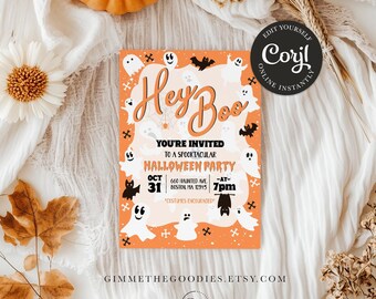 May include: An orange and white Halloween party invitation with the text "Hey Boo" and a ghost and bat design. The invitation includes the date, time, and address of the party. The text "Edit Yourself Corjl Online Instantly" is on a black circle in the upper right corner.