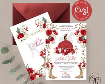 May include: A white invitation with red and white floral accents and a brown rope border. The invitation is for a Quinceañera celebration for Selena Villela. The text on the invitation reads "MR. & MRS. VILLELA INVITE YOU TO CELEBRATE THE QUINCEAÑERA OF THEIR DAUGHTER Selena Villela SATURDAY SEPT 16 12PM-3PM SAINT PAUL CATHOLIC CHURCH 5489 ANYWHERE STREET ORLANDO, FL reception to follow at 4:00 PM Roop BY AUGUST 20TH TO RSVP 555-555-5555"