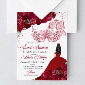 EDITABLE Invitation, Red Floral Sweet Sixteen Masquerade Invitation, Birthday Invite, Sweet 16, Printable, Template, Corjl