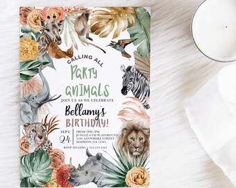 Party Animals Boho Safari Birthday Invitation, Editable Template