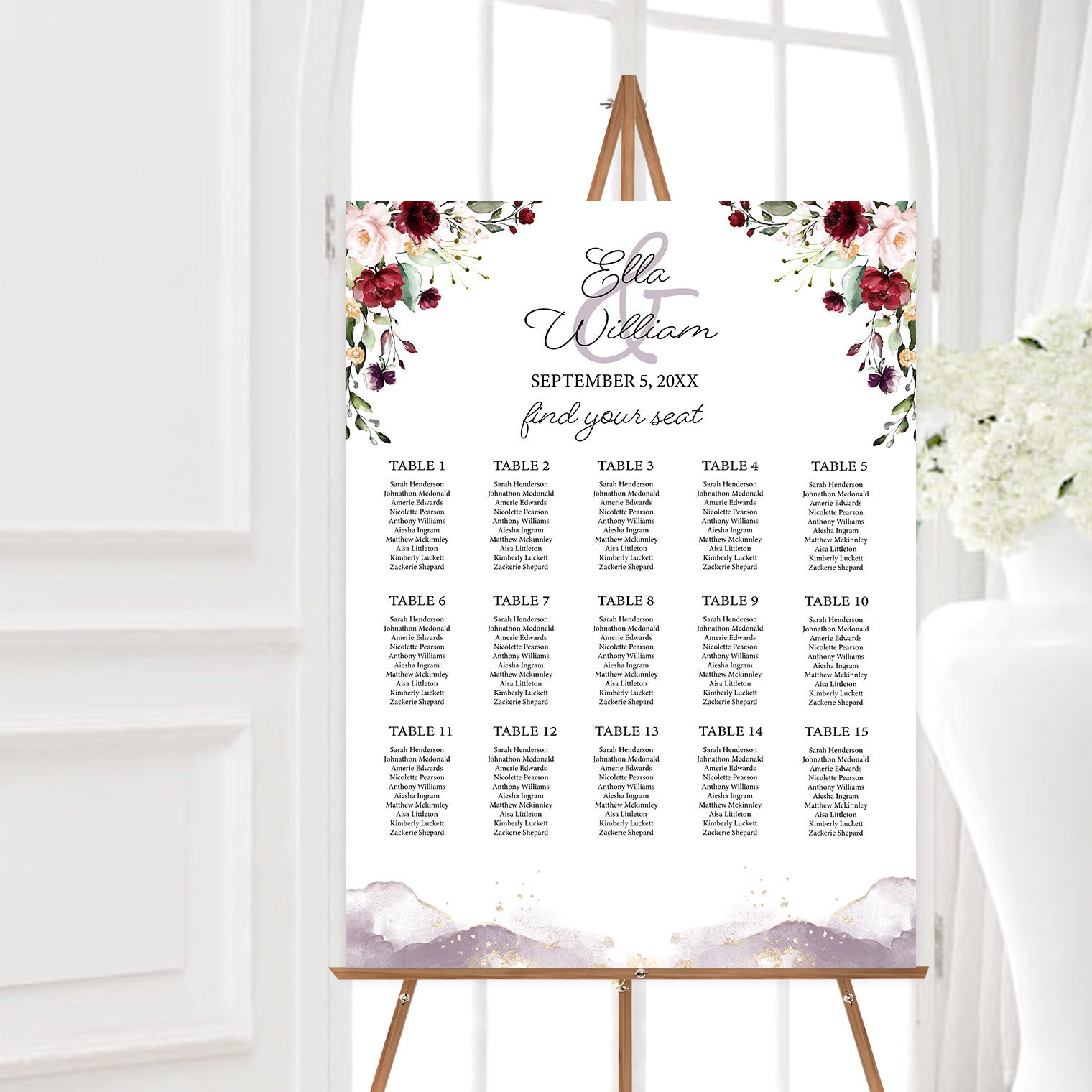 EDITABLE Template Burgundy Floral Wedding Seating Chart | Etsy