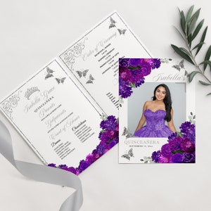 EDITABLE Program Template, Elegant Purple & Silver Floral Quinceanera Program, Mis Quince, 5x7 Bi-Fold Program, Template, Corjl