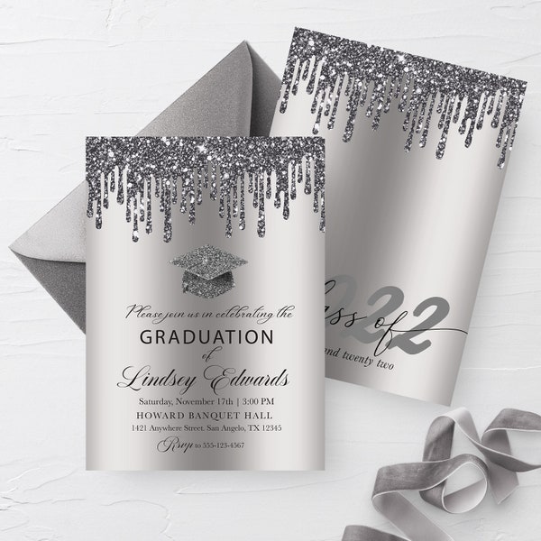 EDITABLE Invitation, Silver Glitter Drip Graduation Invitation, Dripping Glitter, Graduation Announcement, Printable, Template, Corjl