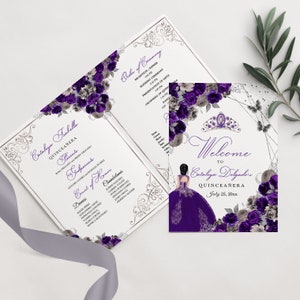 EDITABLE Program Template, Purple & Gold Floral Quinceanera Program, Mis Quince, 5x7 Bi-Fold Program, Template, Corjl