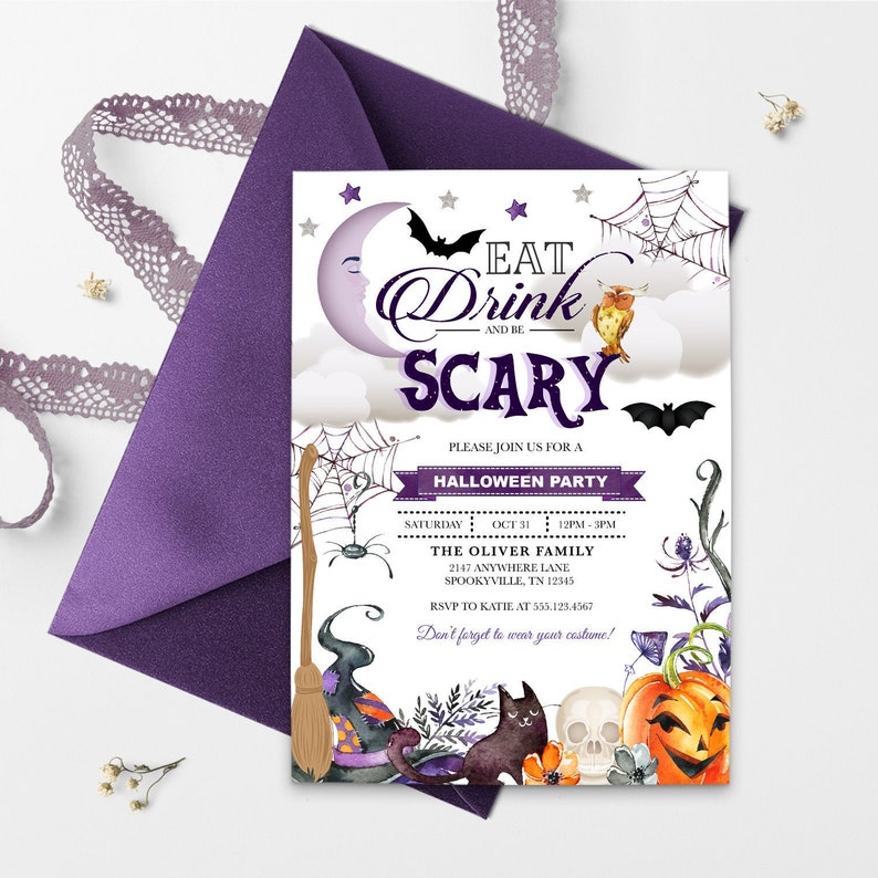 May include: A Halloween party invitation with a purple and white color scheme. The invitation features a crescent moon, bats, a spider web, a witch's hat, a broom, a pumpkin, a cat, and an owl. The text on the invitation reads "Eat, Drink and Be Scary. Please join us for a Halloween Party. Saturday, Oct 31, 12PM-3PM. The Oliver Family, 2147 Anywhere Lane, Spookyville, TN 12345. RSVP to Katie at 555.123.4567. Don't forget to wear your costume!"