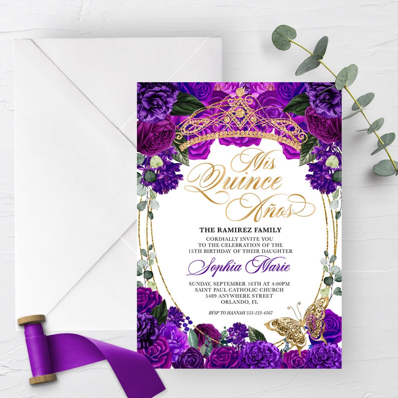 May include: A purple and gold quincea&ntilde;era invitation with a floral border and a gold crown. The text reads "Mis Quince A&ntilde;os" and includes the details of the event: "The Ramirez Family cordially invites you to the celebration of the 15th birthday of their daughter Sophia Marie. Sunday, September 16th at 4:00PM Saint Paul Catholic Church 5489 Anywhere Street Orlando, FL. RSVP to Hannah 555-123-4567"