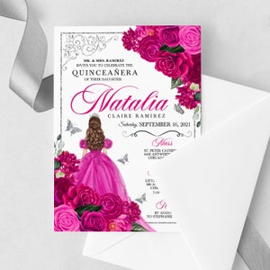 EDITABLE Invitation, Fuchsia Pink & Silver Floral Quinceanera Invitation, Birthday Invite, Mis Quince, Printable Invite, Template, Corjl
