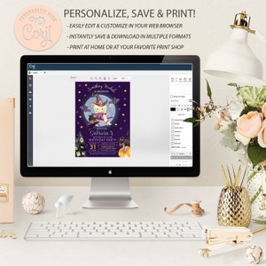 May include: A purple and black Halloween party invitation with a witch and a black cat. The text reads "Something Wicked is Brewing" and "Sabrina's Spooktacular Birthday Party".