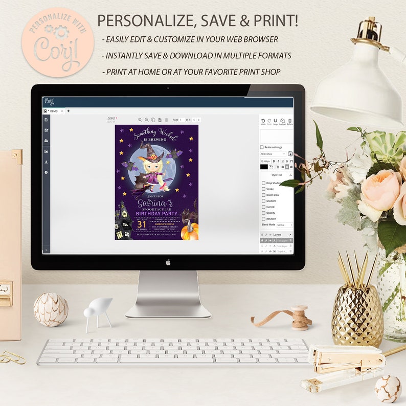 May include: A purple and black Halloween party invitation with a witch and a black cat. The text reads "Something Wicked is Brewing" and "Sabrina's Spooktacular Birthday Party".