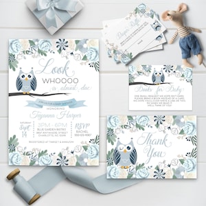 Blue Owl Baby Shower Invitation Bundle: Editable Floral Invite (Corjl)