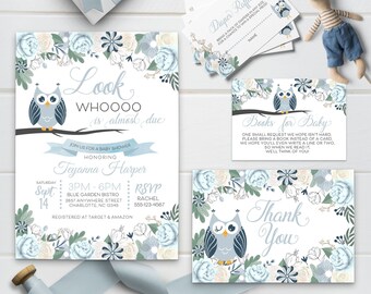 May include: A baby shower invitation with a blue and white owl design. The invitation says "Look Whoooo is almost due" and includes details for the shower, including the date, time, location, and RSVP information. The invitation also includes a diaper raffle card and a book request card.