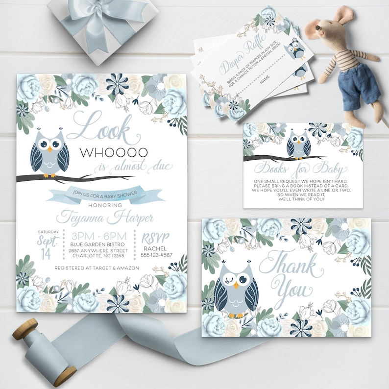 May include: A baby shower invitation with a blue and white owl design. The invitation says "Look Whoooo is almost due" and includes details for the shower, including the date, time, location, and RSVP information. The invitation also includes a diaper raffle card and a book request card.