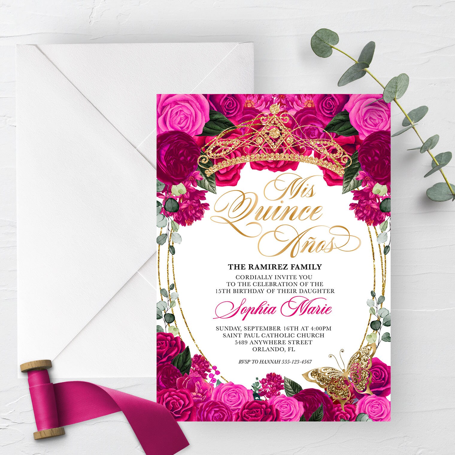 EDITABLE Invitation Elegant Fuchsia Pink Floral Quinceanera Etsy UK