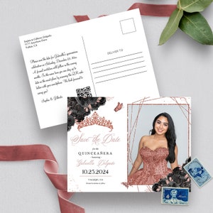 Convite EDITÁVEL, preto e ouro rosa Quinceanera salvar a data, cartão postal com foto, aniversário, Mis Quince, convite para impressão, modelo, Corjl