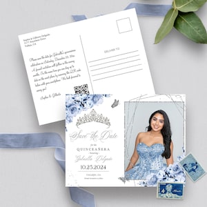 EDITIERBARE Einladung, Altblau & Silber Quinceanera Save The Date, Foto Postkarte, Geburtstag, Mis Quince, printable, Vorlage, Corjl