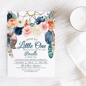 EDITABLE Invitation, Boho Dreamcatcher Dream Big Little One Birthday Invitation, First Birthday, Boho Invite, Printable, Template, Corjl