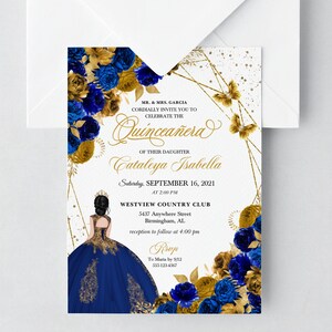 EDITABLE Invitation, Royal Blue & Gold Floral Quinceanera Invitation, Birthday Invite, Mis Quince, Printable, Template, Corjl