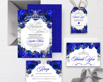 Royal Blue Floral Quinceanera Invitation Bundle: Editable Template (Corjl) Digital
