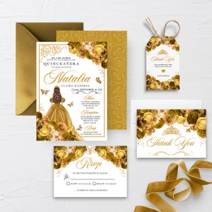 EDITABLE Invitation, Elegant Gold Floral Quinceanera Invitation Bundle, Mis Quince Anos, Birthday, Printable, Template, Corjl