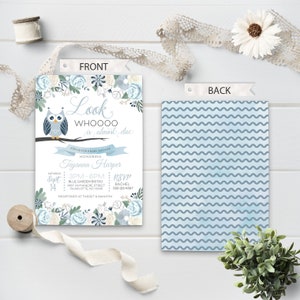 May include: A baby shower invitation with a blue and white owl design. The invitation says "Look Whoooo is almost due" and includes the name "Teyanna Harper". The back of the invitation has a blue and white wavy pattern.