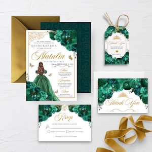 EDITABLE Invitation, Emerald Green Floral Quinceanera Invitation Bundle, Mis Quince Anos, Birthday, Printable, Template, Corjl