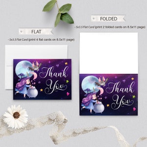 May include: A thank you card featuring a purple witch with a cauldron and a bat flying in a starry night sky. The text "Thank You" is written in a decorative font.