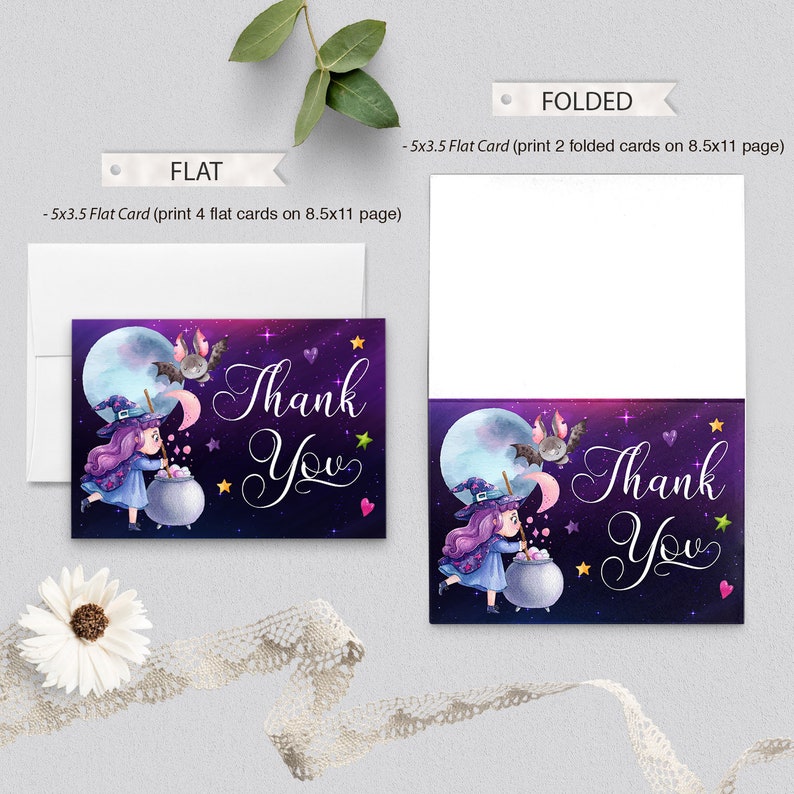 May include: A thank you card featuring a purple witch with a cauldron and a bat flying in a starry night sky. The text "Thank You" is written in a decorative font.
