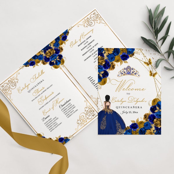 EDITABLE Program Template, Royal Blue & Gold Floral Quinceanera Program, Mis Quince, 5x7 Bi-Fold Program, Template, Corjl