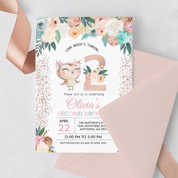 EDITABLE Invitation, Second Birthday Invitation, Owl Birthday Invite, Owl, 2nd Birthday, Printable Birthday Invitation Template, Corjl