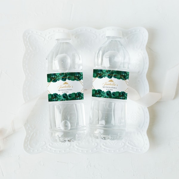 EDITABLE Labels, Elegant Emerald Green Floral Quinceanera Water Bottle Label, Mis Quince, Printable, Template, Corjl