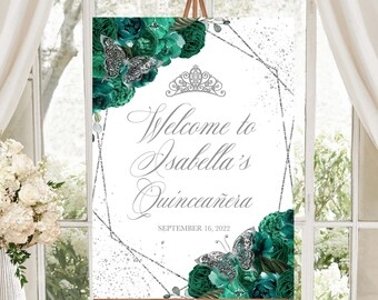 Emerald Green Quinceanera Welcome Sign: Silver Floral, Editable Template