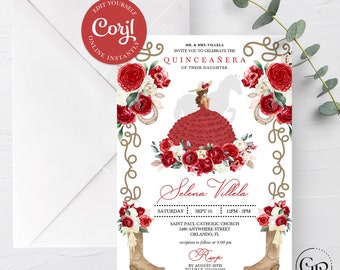 May include: A Quinceañera invitation with a red and white floral design. The invitation features a silhouette of a woman in a red dress riding a horse. The text on the invitation reads "Selena Villela" and includes the date, time, and location of the event. RSVP information is also included.