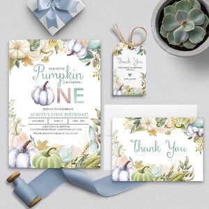 EDITABLE Invitation, Fall Pumpkin Birthday Invitation Bundle, Printable Birthday Invitation Template, Autumn, Baby Boy, Corjl