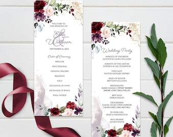 May include: Wedding ceremony program with burgundy and blush floral design. The program includes the order of ceremony and the wedding party. The text reads "Welcome to the Wedding of Ella & William, September 22, 20XX".