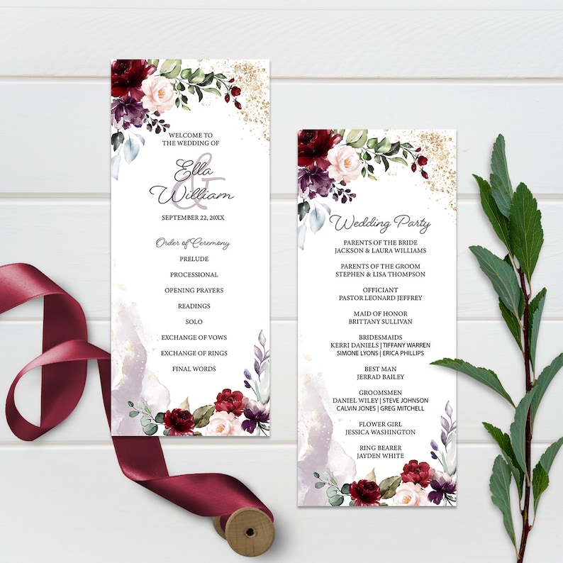 May include: Wedding ceremony program with burgundy and blush floral design. The program includes the order of ceremony and the wedding party. The text reads "Welcome to the Wedding of Ella & William, September 22, 20XX".