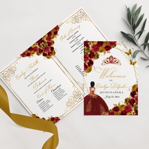 EDITABLE Program Template, Red & Gold Floral Quinceanera Program, Mis Quince, 5x7 Bi-Fold Program, Template, Corjl