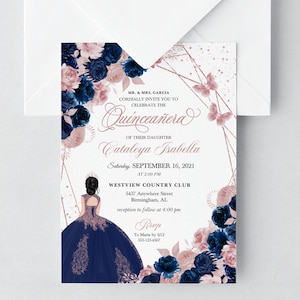 EDITABLE Invitation, Navy Blue & Blush Pink Floral Quinceanera Invitation, Birthday Invite, Mis Quince, Printable, Template, Corjl