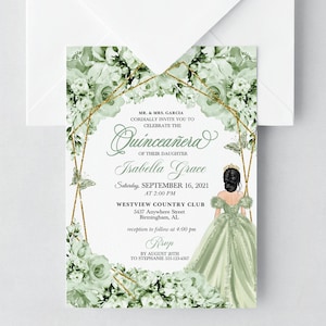 Elegante invitación floral verde salvia para quinceañera (plantilla editable)