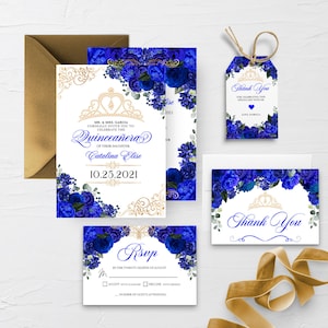 EDITABLE Invitation, Royal Blue Floral Quinceanera Invitation Bundle, Mis Quince Anos, Birthday Invite, Printable, Template, Corjl