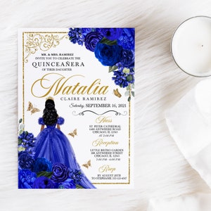 EDITABLE Invitation, Elegant Royal Blue & Gold Floral Quinceanera Invitation, Birthday Invite, Mis Quince, Printable Invite, Template, Corjl