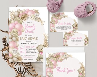 Boho Teddybeer Babyshower Uitnodigingenpakket (Bewerkbare Sjabloon) Digitaal