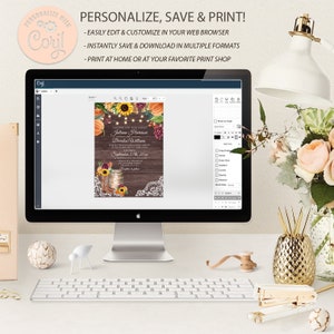 May include: A computer screen displaying a wedding invitation template with a rustic fall theme. The invitation features a wooden background with a mason jar, sunflowers, pumpkins, and fall leaves. The text on the invitation reads "Join us as we celebrate the marriage of..." and includes the couple's names, wedding date, and time. The screen also shows a toolbar with options for editing and customizing the invitation.