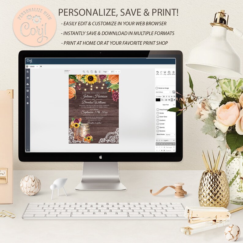 May include: A computer screen displaying a wedding invitation template with a rustic fall theme. The invitation features a wooden background with a mason jar, sunflowers, pumpkins, and fall leaves. The text on the invitation reads "Join us as we celebrate the marriage of..." and includes the couple's names, wedding date, and time. The screen also shows a toolbar with options for editing and customizing the invitation.