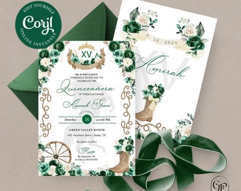 May include: A green and white floral Quinceañera invitation with a cowboy boot design. The invitation features the text "Quinceañera" and "Amariyah Grace" in a decorative font. The date of the event is September 16th, 202x. The invitation also includes the location of the event, Green Valley Ranch, and the time, 6:00 PM.