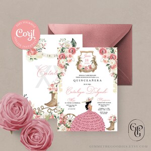 Pink Floral Western Mariachi Charro Cowgirl Quinceanera Invitation, Fiesta, Birthday, Mis Quince, Printable, Template, Corjl