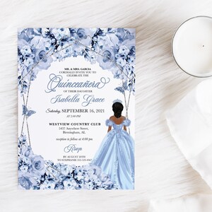 BEWERKBARE Uitnodiging, Elegante Dusty Blue Floral Quinceanera Uitnodiging, Verjaardagsuitnodiging, Mis Quince, Afdrukbaar, Sjabloon, Corjl