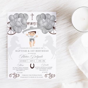 EDITABLE Invitation, Silver Baby Charro Baptism Birthday Invitation, Mexican, Fiesta, Bautizo, Printable, Template, Corjl